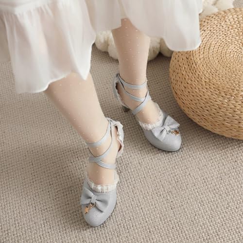 Women's Glitter Chunky High Heels Mary Jane Pumps Shoes Round Toe Platform Bow Lolita Party Dress Shoe4