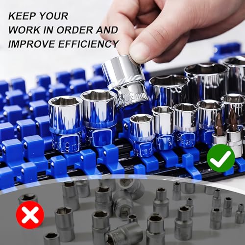 80 Stück Socket Organizer Tray Set - 1/4 3/8 1/2 Socket Halter mit Schienen, Heavy Duty Organizer Set und Schlüssellager für Werkstatt Toolbox und Home (Blue)