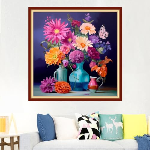 Image of Foxdiviy Stamped Cross Stitch Kits Full Range of Embroidery Needlework Starter Kits for Beginners Adults 11CT Embroidery Patterns Art Crafts DIY Needlepoint Kits-Flower vase 18x18 inch