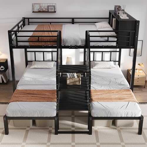 Moimhear Cama de hierro, litera, con tres plazas para dormir, cómoda escalera con pasamanos, estructura estable del marco de la cama, cama superior con espacio de almacenamiento, hierro, negro, 90 x