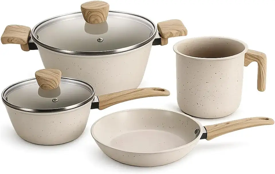 Jogo de Panelas 4 Peças com Revestimento Antiaderente Cerâmico, Aço Carbono, Cabos em Baquelite, Tampa de Vidro Temperado e Inox, Frigideira 20cm, Panela 18cm, Caçarola 24cm, Fervedor 14cm