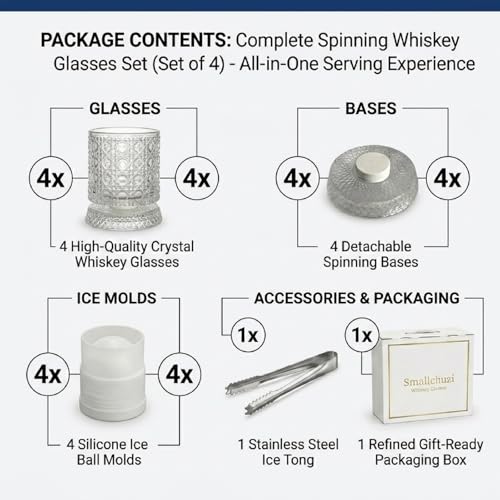 smallchuzi Spinning Whiskey Glasses Set of 4 with Ice Ball Molds and Clip, Old Fashioned Glass for Bourbon, Scotch Tasting, Personalized Rotating Lowball Rocks Glasses for Men — view 3