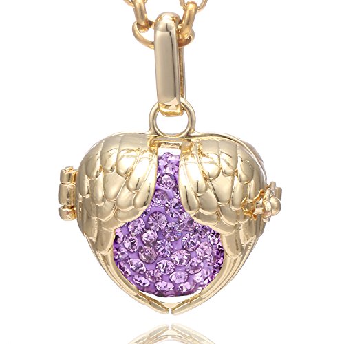 Morella Collar de Acero Inoxidable Dorado 70 cm con Colgante alas de ángel de la Guarda y Bola de resonancia de Color Lila Ø 16 mm para Damas en Bolsa para Joyas