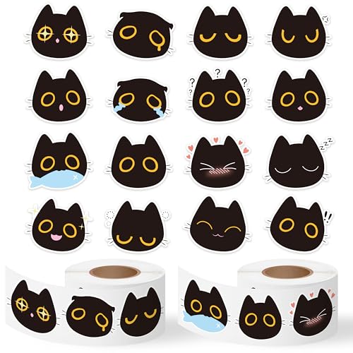 BkeeCten Black Cat Stickers Rolls - 1000pcs Black Cat Head Memes Waterproof Vinyl Reusable Laptop Stickers Coloring Book Scrapbook Water Bottle Page Activity Pad Birthday Party Favors Kids Skateboard