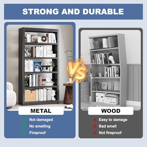 Image of VASAAOSD Metal Bookshelf, Adjustable Black Bookcase, 5 Tier, 61 inch Tall | Sturdy Metal, Adjustable, Toolless Easy Assembly Book shelves, For Home Office, Living Room, Bedroom, Library