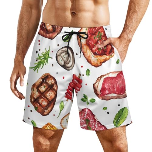 Meat Food and Barbecue Men's Swim Trunks with Compression Liner Beach Shorts with Pockets Quick Dry