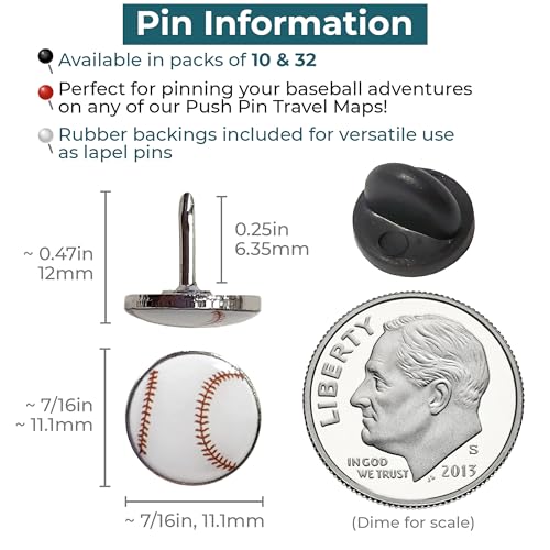 Image of Baseball Push Pins, for Cork Board, Maps, or Lapel Pin Use, Designed in The USA, Baseball Pins, Set of 10