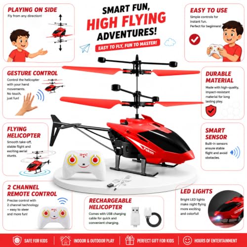 Image of RC Helicopter with Hand Gravity Sensor for Kids 4+, Flying Remote Control Helicopter Toy, Chargeable with 3D LED Light & Smart Safety Sensor, Indoor Outdoor Play, Gift for Boys & Girls (RED)