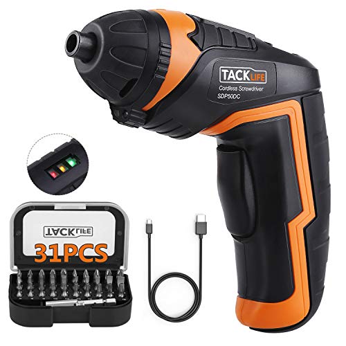 TACKLIFE Cordless Screwdriver, Electric Screwdriver, 4V MAX 2.0Ah Li-ion with Battery Indicator, 31 Free Accessories, USB Rechargeable, Lightweight and Easy for Small Home Projects-SDP50DC