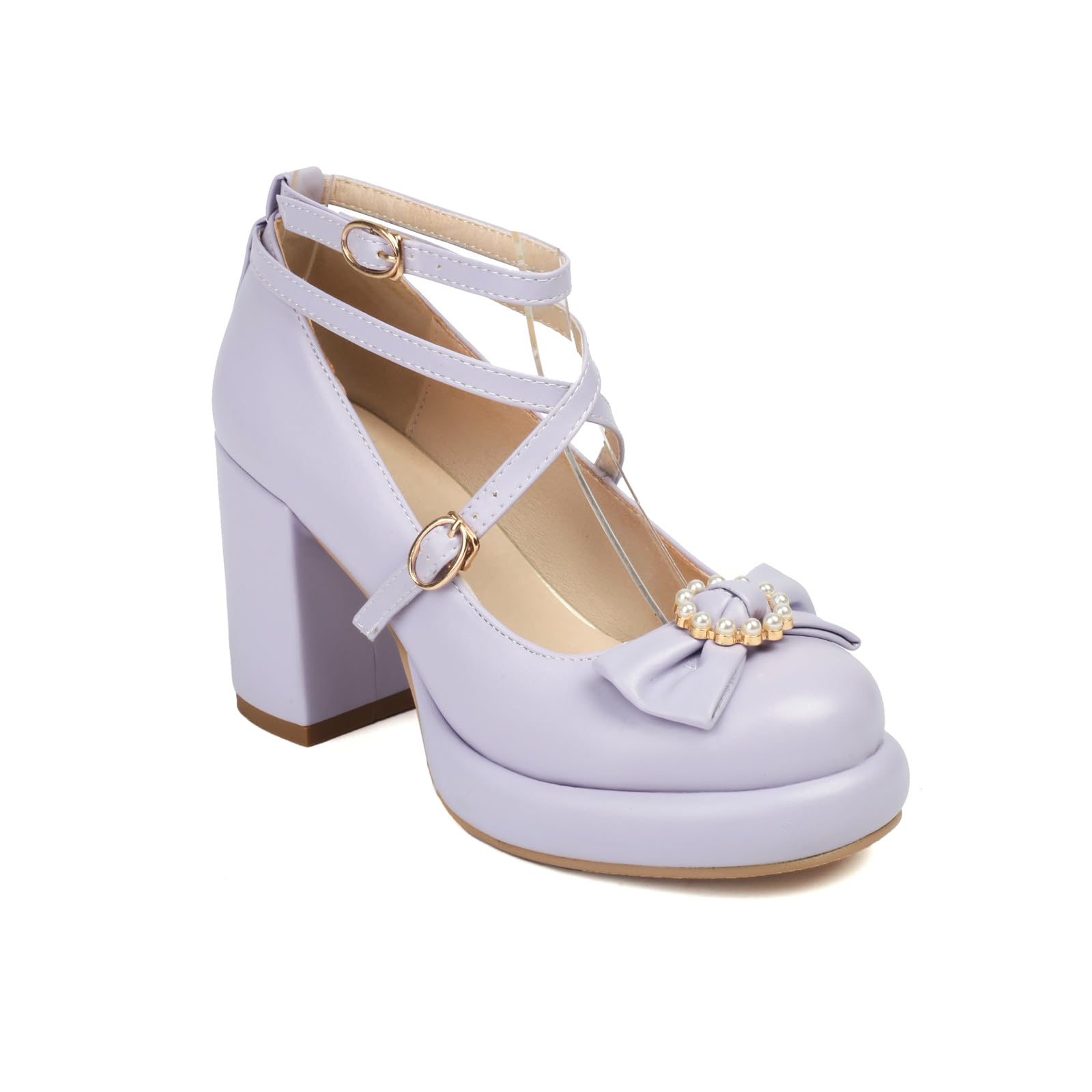 Women's Block High Heel Plafrom Round Toe Lolita Pumps Bow tie Pearl Inlay Cross-Tied Ankle Strap Sweet Cute Party Wedding Pumps Solid Spring Summer Mary Janes Pumps