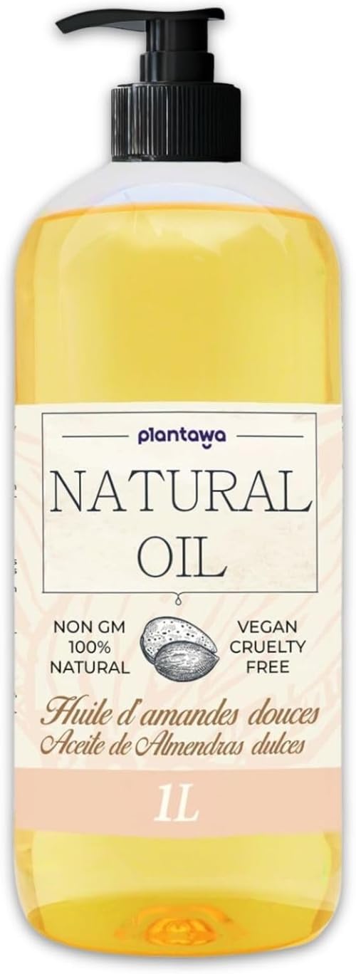 PLANTAWA Huile d’amande douce 1 l avec DOSIFICATEUR végétalien, multiples utilisations, hydrate, visage,oreille,grossesse, cheveux, apport vitamine E, BIO