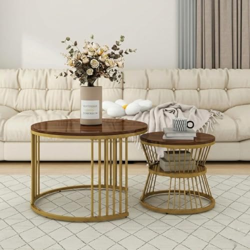 Image of MELVON Lightweight Nesting Coffee Table Set of 2, Golden Frame with Walnut Finish Top, Space Saving Round Center & Side Table for Living Room