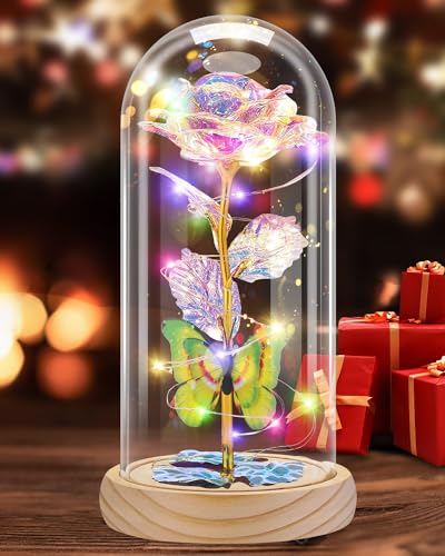 Otlonpe Glass Rose Flower, Womens Gifts for Christmas Valentines Day Mothers Day Teacher Appreciation Graduation, Birthday Gifts for Women Mom Wife Girlfriend Grandma Sister Teacher (Wood Colorful)