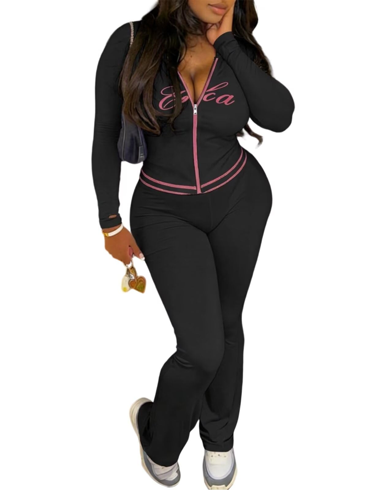 Women's 2 Piece Tracksuit Set - Zip Up Hoodie Jacket with Letter Print & Flared Pants Athletic Casual Lounge Outfits