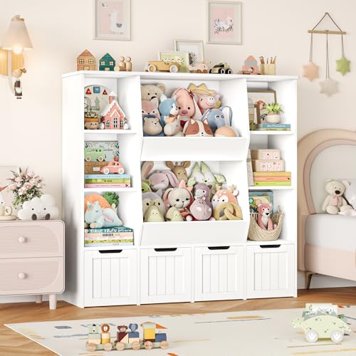 FINETONES Toy Organizers and Storage with 4 Movable Drawers, Large Toy Storage Organizer with 8 Open Storage Cubbies, Kids Bookshelf and Toy Storage with Hidden Wheels for Playroom, Kids Room,White