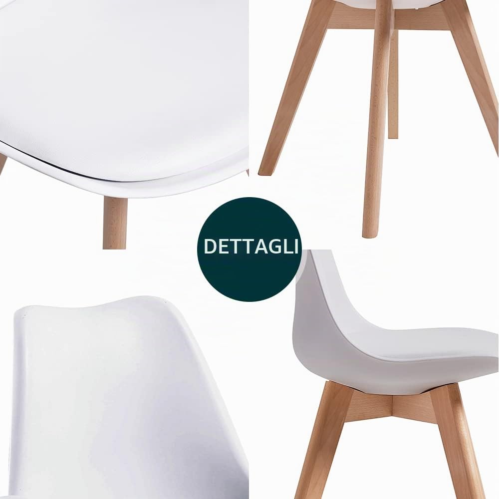 DEWINNER Set di 6 Sedie da Sala da Pranzo, Sedie Imbottite per Sala da Pranzo Con Gambe in Legno, Sedie da Pranzo Moderne, Sedia Ergonomica con Cuscino Integrato, Sedie da Cucina Scandinave, Bianco