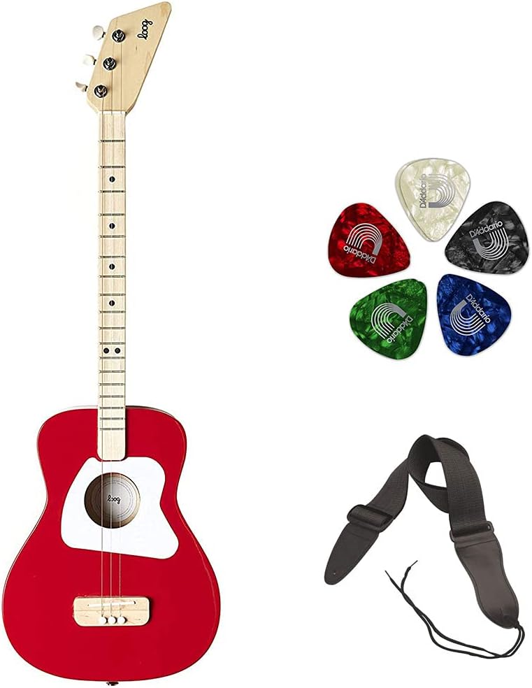 Loog 3 String Pro Acoustic Guitar and Accompanying App for Children, Teens and Beginners (Red) Bundle with 10-Pack Classic Pearl Celluloid Guitar Pick and Guitar Straps
