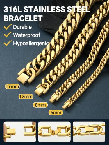 Image of PROSTEEL Bracelets for Men Cuban Link Mens Bracelet Stainless Steel, 14K Gold Plated /Silver /Black, 6 /8 /12 /17mm Width, 7.5 inch /8.3 inch /9 inch Length with Gift Box