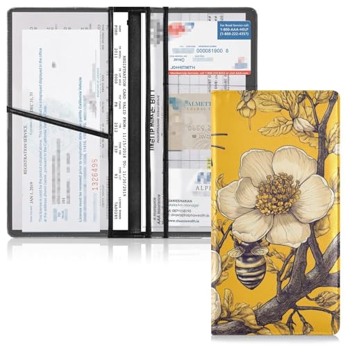 GuoChe Premium Leather Auto Registration Insurance & ID Card Holder Men Women Wallet Accessories Case for any Car, Truck, Motorcycle, Trailer or Boat Bee & Flower Yellow Art3