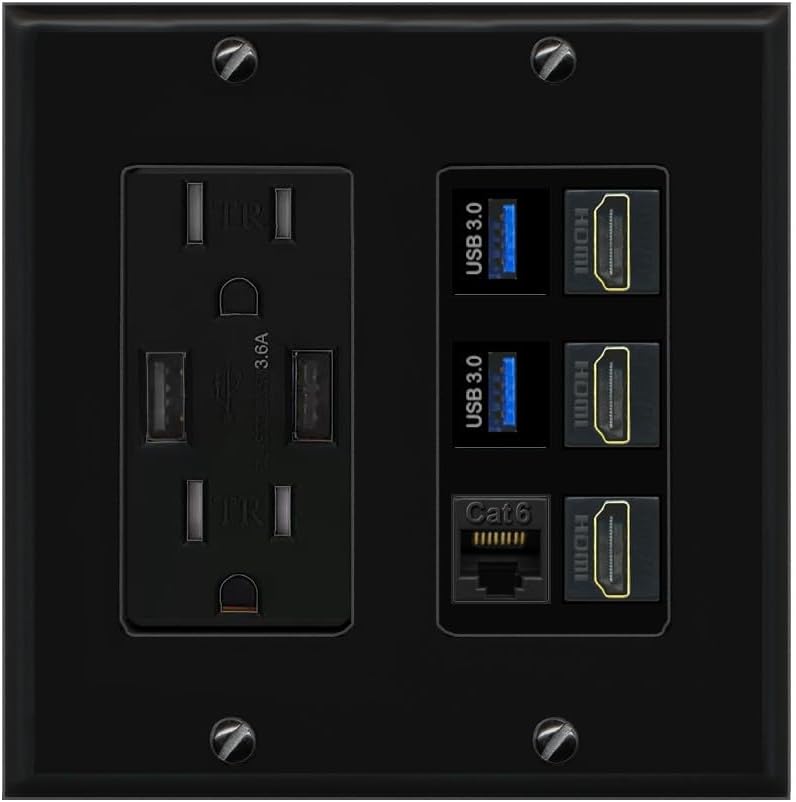 RiteAV 3 Port HDMI 2 Port USB 3.0 1 CAT6-RJ45 Wall Plate - USB Outlet [Black/Black]