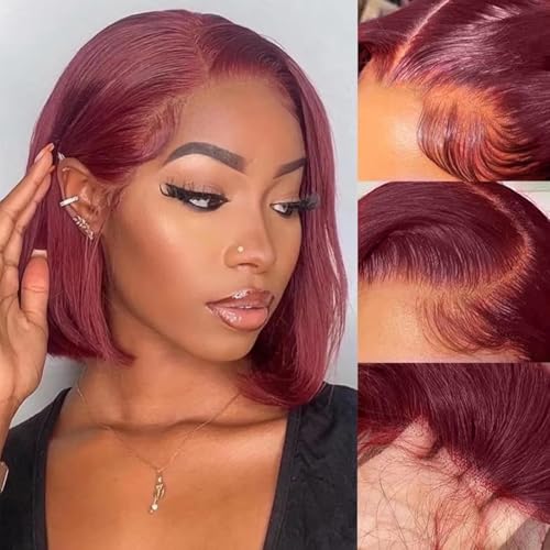 EQ DUOUPA 99J Human Hair Wig Pre Plucked 16 Inch 13x4 Frontal HD Lace Wigs For Short Bob Wig Human Hair Women Wine Red Color