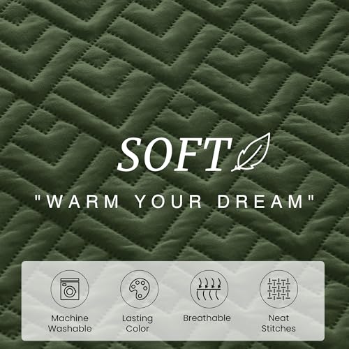 EXQ Home Quilt Set Twin Size Olive Green 2 Piece,Lightweight Soft Coverlet Modern Style Squares Pattern Bedspread Set(1 Quilt,1 Pillow Sham)
