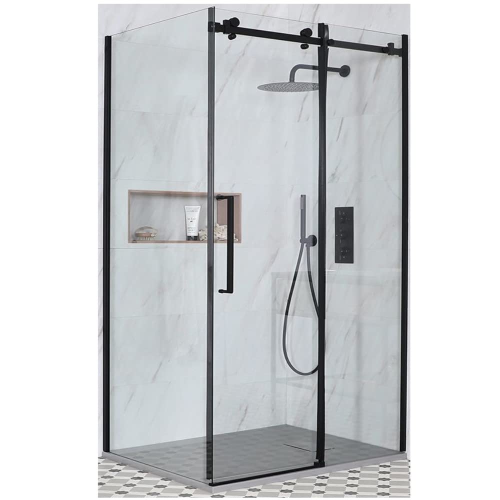 Milano Nero Black Corner Frameless Sliding Door Shower Enclosure Light Grey Tray - 1500 x 800mm
