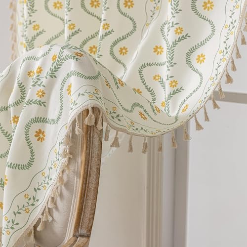 Image of Boho Curtains 96 Inch Long for Living Room, Bedroom,Yellow Flower| Sage on White 2 Panels Floral Farmhouse Vintage Tassel Light Filtering Privacy Window Curtain Drapes with Rod Pocket