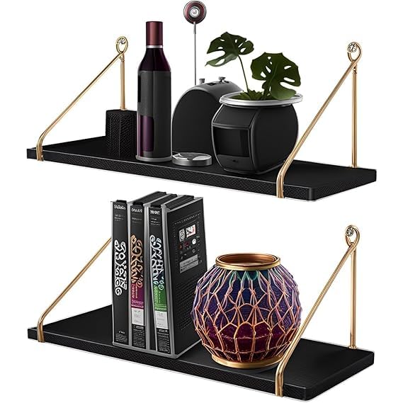 Image of Wall Shelf for Living Room, Wood Hanging Storage Organizer with Metallic Gold and Black Accents, Modern Wall-Mounted Decorative Floating Shelves for Bedroom, Office, or Entryway (Black)
