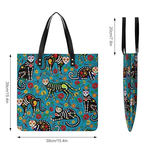 Sac à main chat squelette grand format 39x39cm en toile noire avec imprimé durable - 3