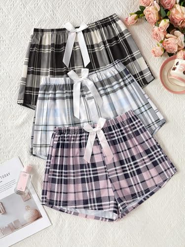 Image of WDIRARA Women's 3 Pack Plaid Letter Graphic Pajama Shorts Lounge Shorts | Elastic Waist ,Comfortable,Home Living,Sleepwear