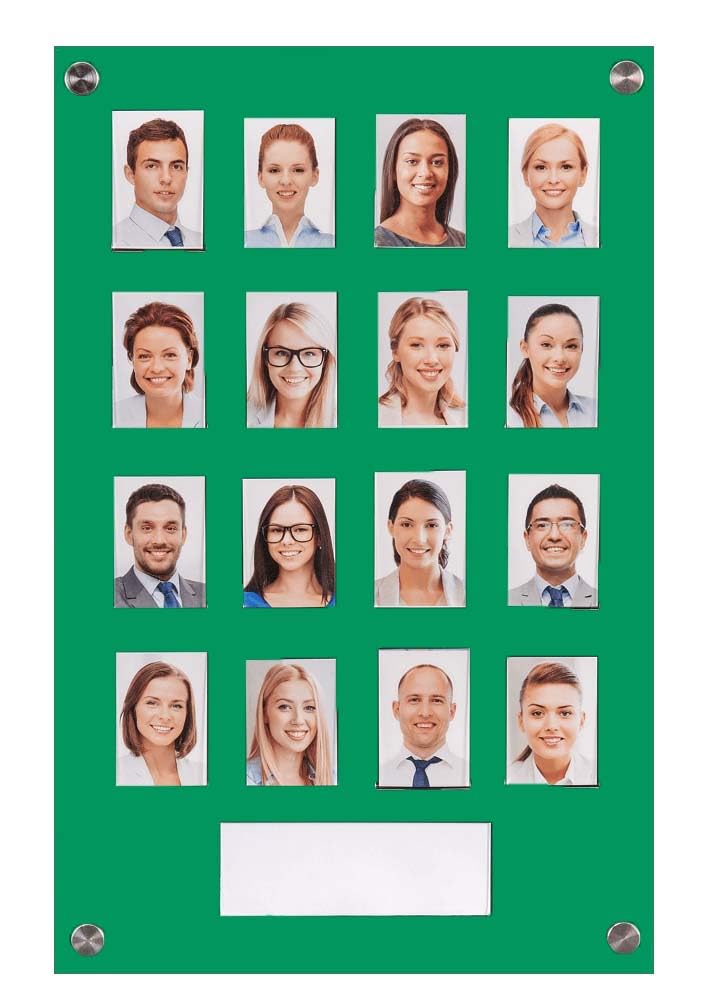 Get Acrylic Photo Frames - Green 16 Pocket Image Staff, Student, Employee Display Board With Pocket Header. 506mm Height x 328mm Width (50.6cm x 32.8cm)