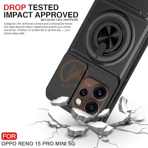 Image of Oppo Reno 15 Pro Mini 5G Back Cover | Armor Camera Slider 360 Degree Rotating Finger Ring Holder Case with Bracket Stand Back Case Cover (Compatible with MagSafe Accessories) (Black)