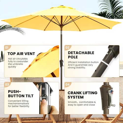 Ayge 9FT Large Outdoor Patio Umbrella Market Table Umbrella-UV Resistant, Easy Push Button Tilt and Crank, 8 Sturdy Fiberglass Ribs Heavy-Duty Pool Umbrella for Deck, Backyard,Garden,Yellow