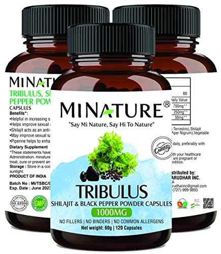 Tribulus Capsules, (Tribulus Terrestris) Enhanced with Shilajit| 1000* mg, 120 Vegan Capsules| Testosterone Booster| Stamina Booster | Vegan , Gluten Free