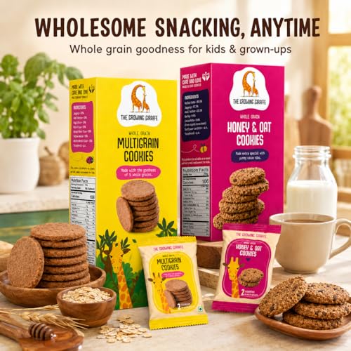 Image of The Growing Giraffe Honey & Oat and Multigrain Cookie Combo- Whole Grain, No Refined Sugar, No Maida, No palm oil, Nut-Free, Healthy Biscuits with jaggery and butter for Kids & Grown-Up Adults - Pack of 2