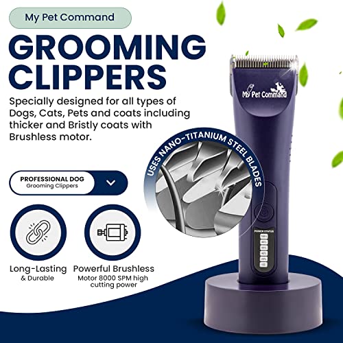 My Pet Command Professional Dog Grooming Clippers Thick Coats Cordless Heavy Duty Kit For Dogs Pets Cats Intelligent Low Noise Light Weight Brushless Motor Shearing Shaving Detachable Blades #TOP2