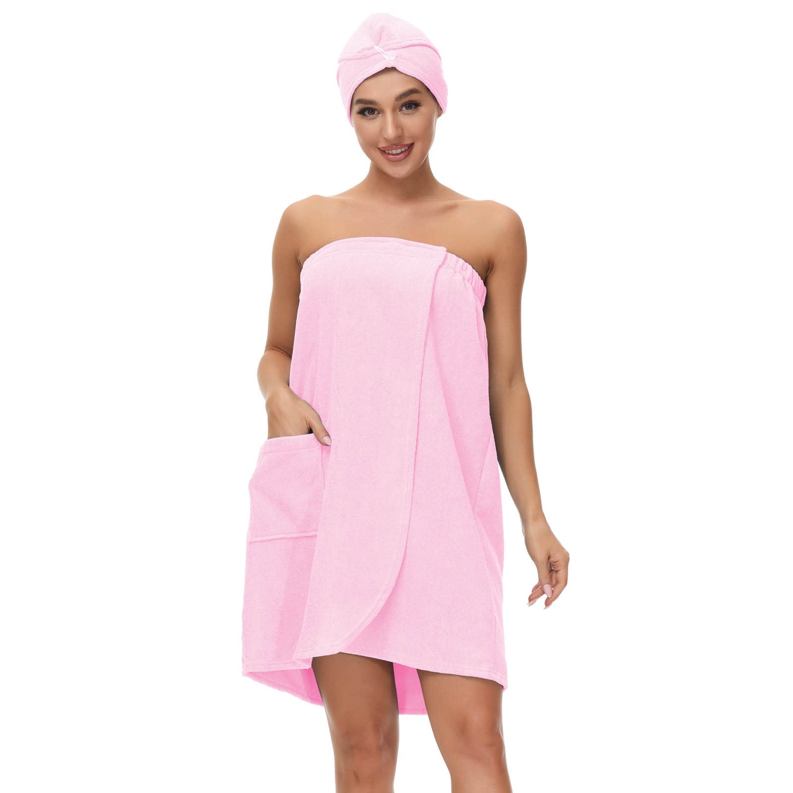 Verve Jelly Women's Pink Bathrobe Wrap Set Soft Microfiber Wearable Spa Shower Bath Wrap Strapless Bathing Towel Tube Dress Bathrobe With Pocket