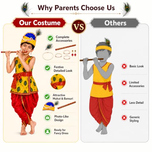 Image of Sarvda Shree Krishna Dress for Baby Boy & Radha Dress for Girls | Janamashtami Dress | Fancy Dress Costume with Accessories Dhoti, Dupatta, Mukut Flute Complete set, Ethnic wear