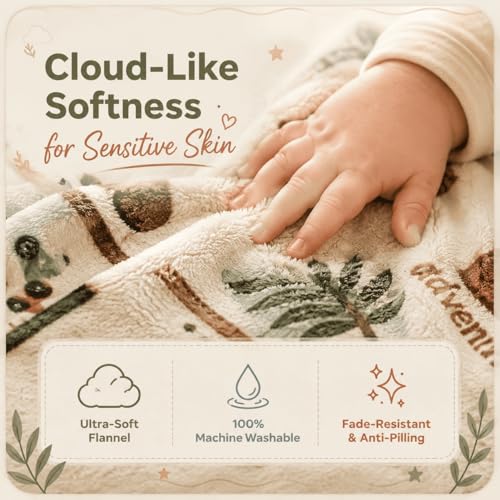Image of Personalized Baby Blanket with Name, Custom Soft Flannel Nursery Blankets for Boys Girls, Safari Woodland Dinosaur Space Themed Toddler Throw, Customized Newborn Gift for Baby Shower Birthday
