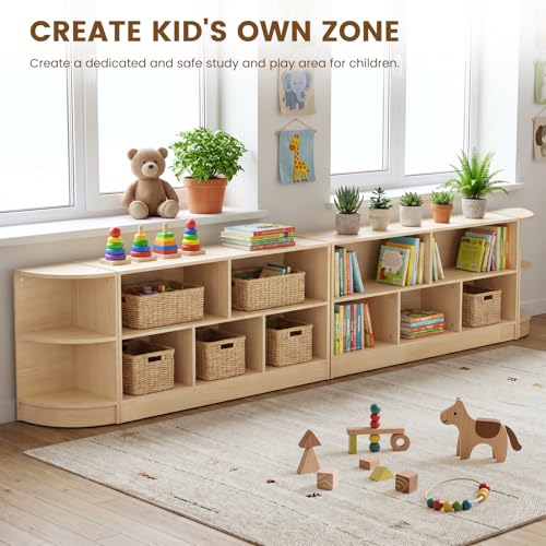 Image of Solid Rubber Wood Kids Storage Cabinet, 5-Section Toddler Montessori Bookshelf, Kids Organizer for Classroom, Playroom, Kindergarten, Medium Size