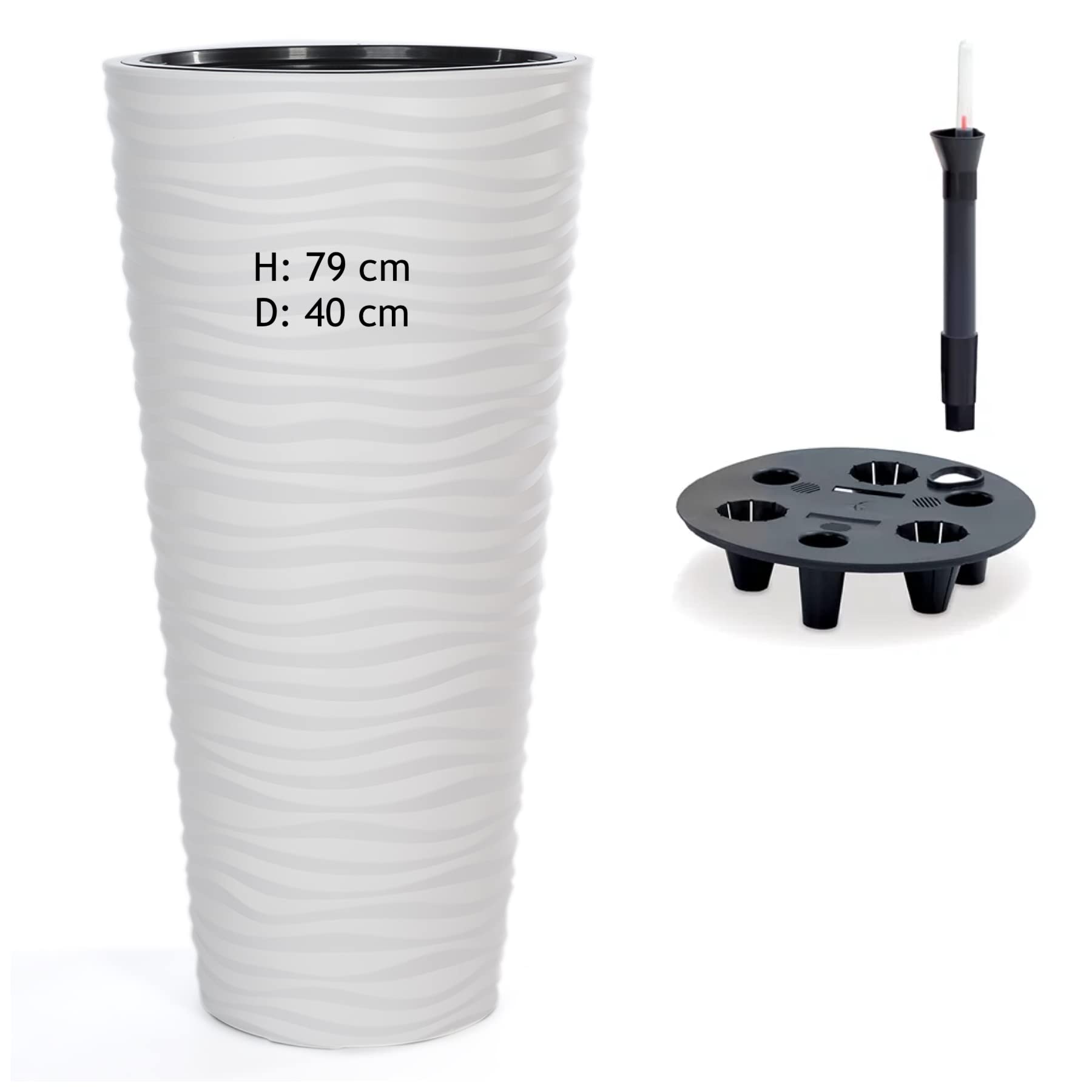 MELTOM Pot de fleurs avec système d'irrigation, effet 3D, vagues, rond, slim, couleur : blanc, diamètre x H : 40 x 79 cm, haut