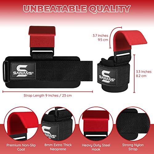 Lifting Hooks Non-Slip Coated Heavy Duty Solid Steel Neoprene Thick Padded Wrist Support Pair of Weight Lifting Gym Straps Deadlifts Chin Pull Up Fitness Bar Grip Strength Training Equipment (Red) - Image 4