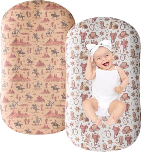 Image of Little Jump 2 Pack Baby Lounger Cover, Stretchy and Soft Newborn Lounger Cover, Infant Lounger Slipcover for Boys Girls, Covers Only Cowboy Boots hat (2 Pack Cowboy)