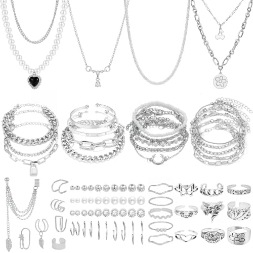 Image of NEWITIN 45 Pieces Silver Jewelry Set for Women Party Costume Punk Jewelry Set Goth Grunge Y2k Accessories Vintage Gothic Necklaces Bracelets Earrings Rings for Women Men