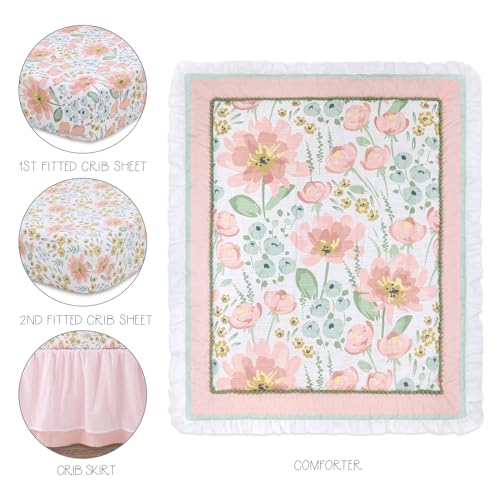 The Peanutshell 4 Piece Organic Cotton Baby Crib Bedding Set for Girls - Newborn, Infant & Toddler Nursery Bed Set Decor with Two Crib Sheets, Dust Ruffle Comforter - Wildflower - Image 3