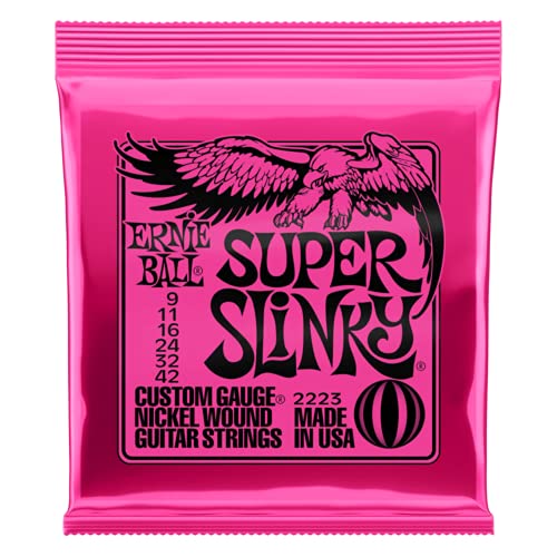 Ernie Ball Super Slinky Guitar Strings - includes 6 free Giocoso plectrums