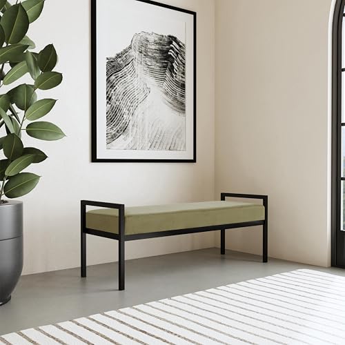 Image of HomePop Modern Velvet Metal Bench| Modern Bench with Metal Leg | Bench for Living Room & Bedroom | Decorative Home Furniture - Light Sage Green Velvet