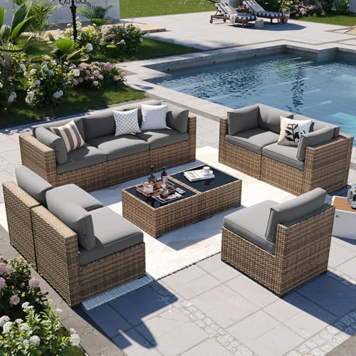 Aoxun Patio Furniture Sets, 10-Piece Outdoor Patio Furniture with Thick Cushions, Wicker Outdoor Conversation Set Sectional Sofa for Backyard, Poolside, Garden
