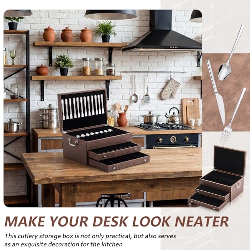 DoubleFill 3 Layer Leather Silverware Storage Box with Lid and Handles, 15.3 x 11.2 Inch, Coffee Color Flatware Organizer with Felt-lined for Utensils, Kitchen Gift